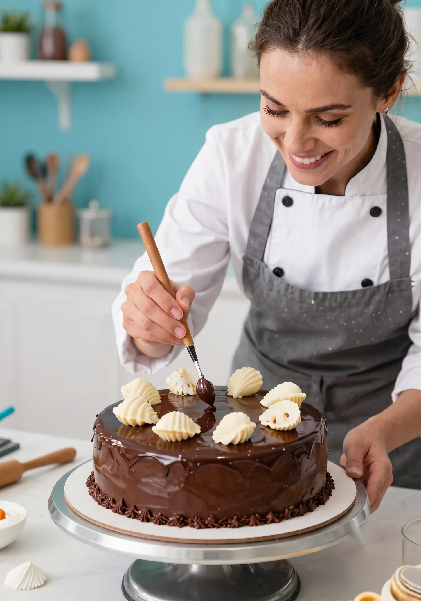 Confeiteira sorridente finalizando a cobertura de um bolo de chocolate em sua cozinha